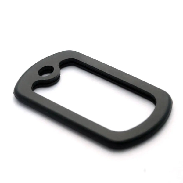 Black silicone dog tag protector muffler with a curved, oval shape.
