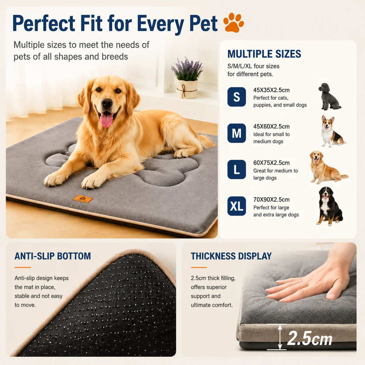 A multi-size dog bed mat for various pets, showing different sizes and an anti-slip bottom design.