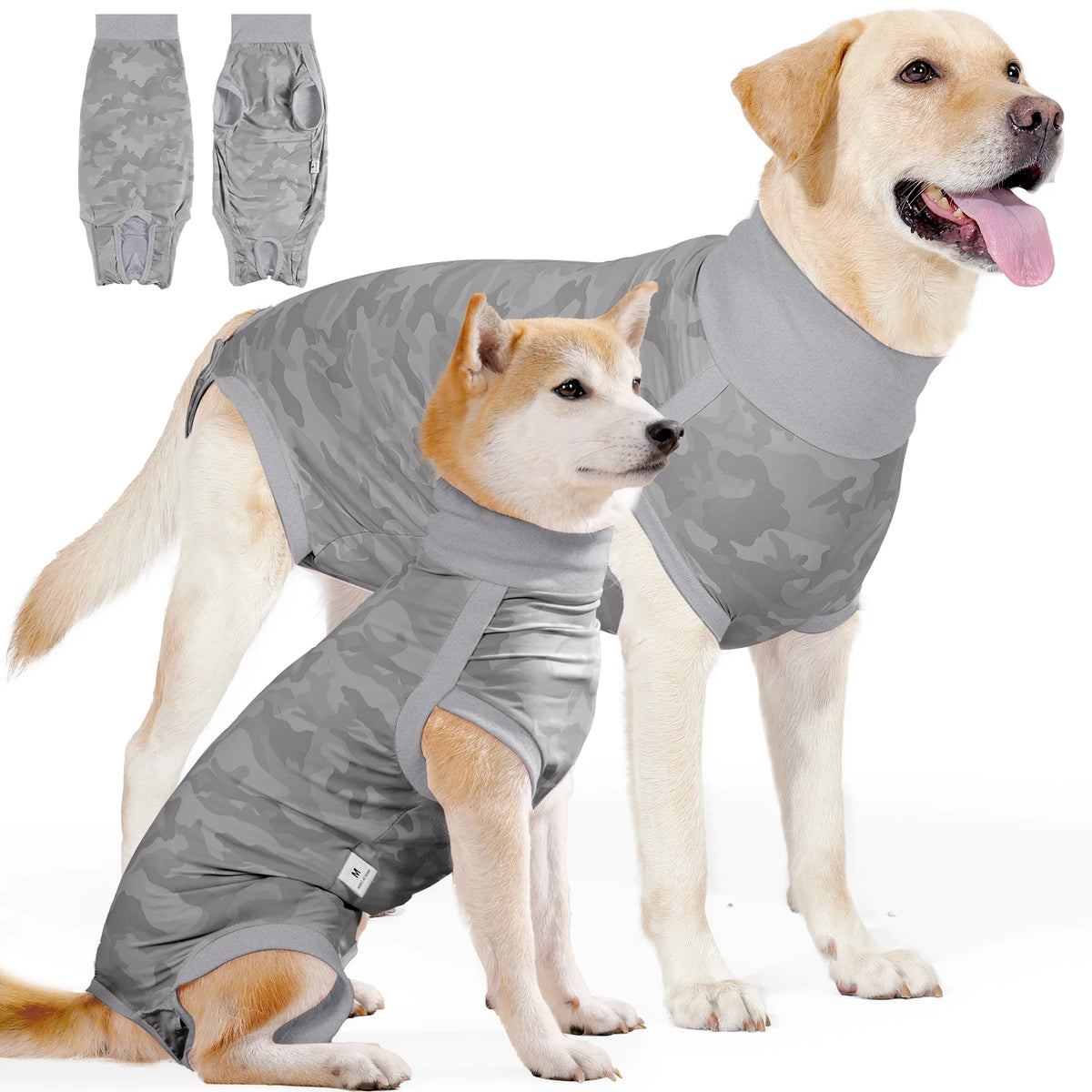 A golden retriever wearing a gray camouflage dog surgery recovery suit, with separate pieces shown.