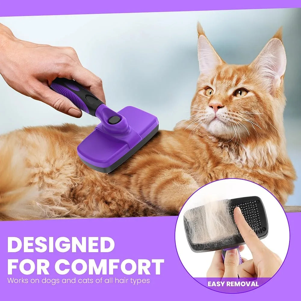 A hand is using a purple grooming tool on an orange cat, demonstrating its use for pet hair removal.