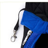 A close-up of a black and blue breathable mesh pet carrier backpack with a silver clasp.