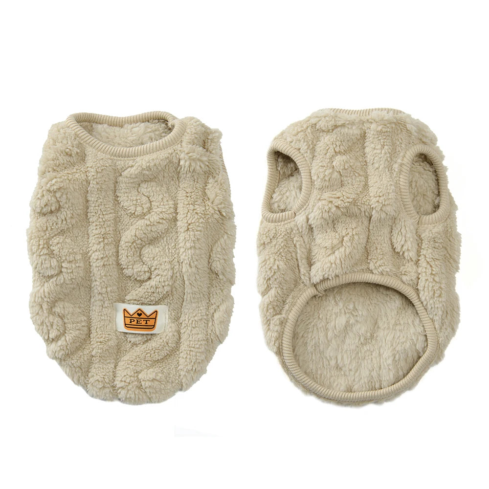 A beige fleece dog sweater for small and medium breeds shown from the front.