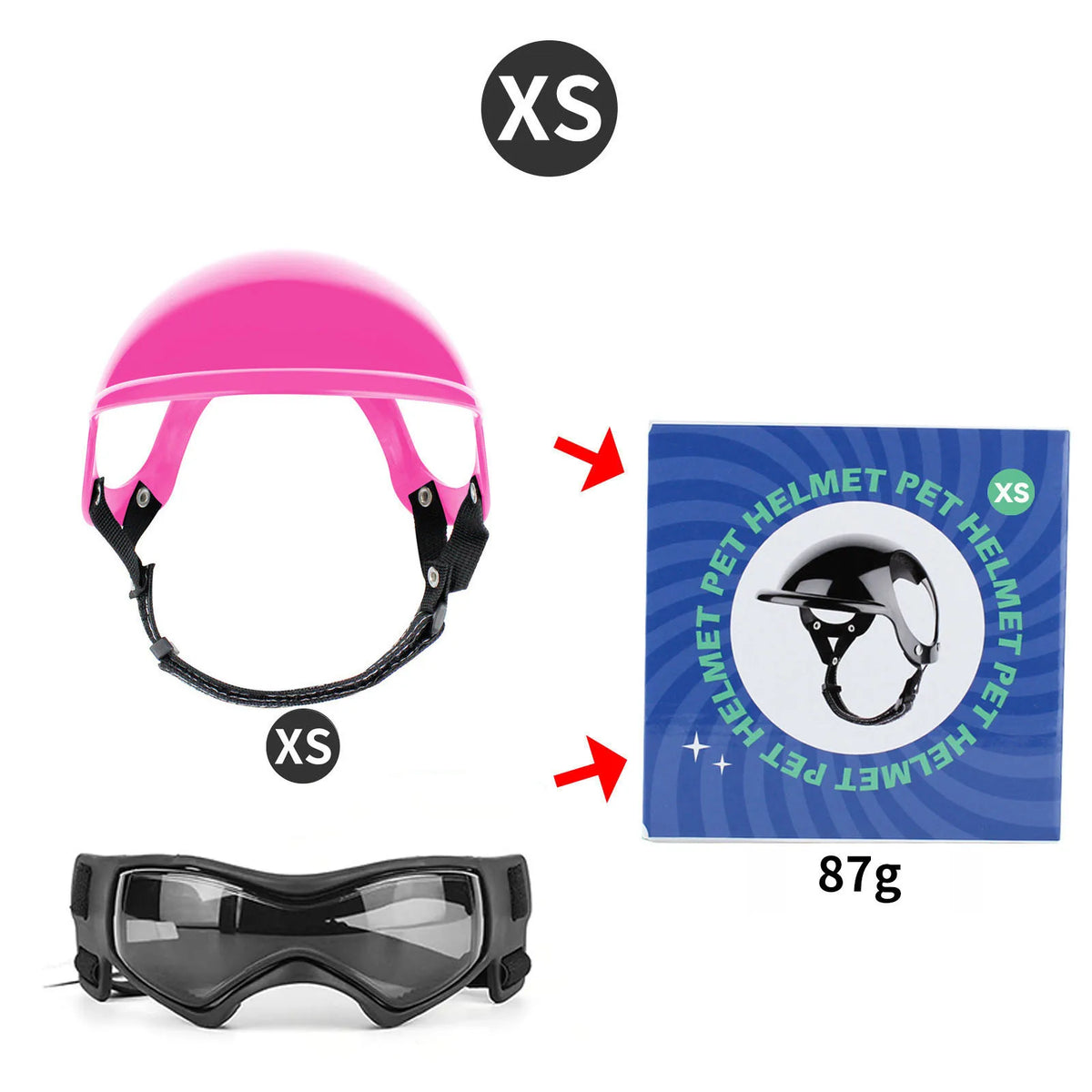 Pink pet safety helmet and goggles set with XS size marker and 87g weight displayed on a white background.