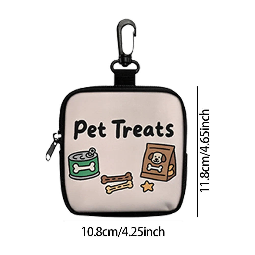 A black pet treats pouch with a hook and zipper, featuring illustrations of dog treats.