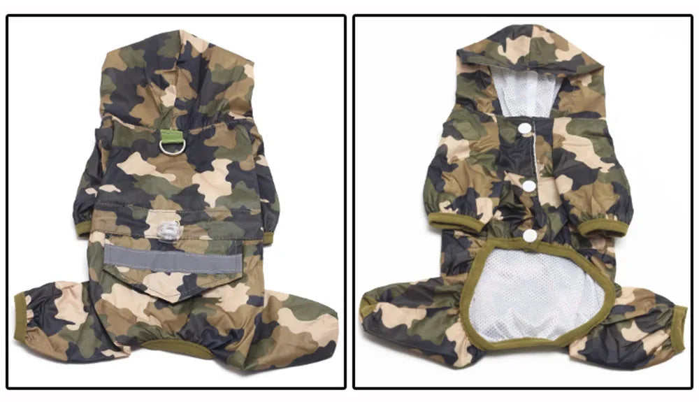Veste imperméable à motif camouflage pour chiens, vue de dessus.