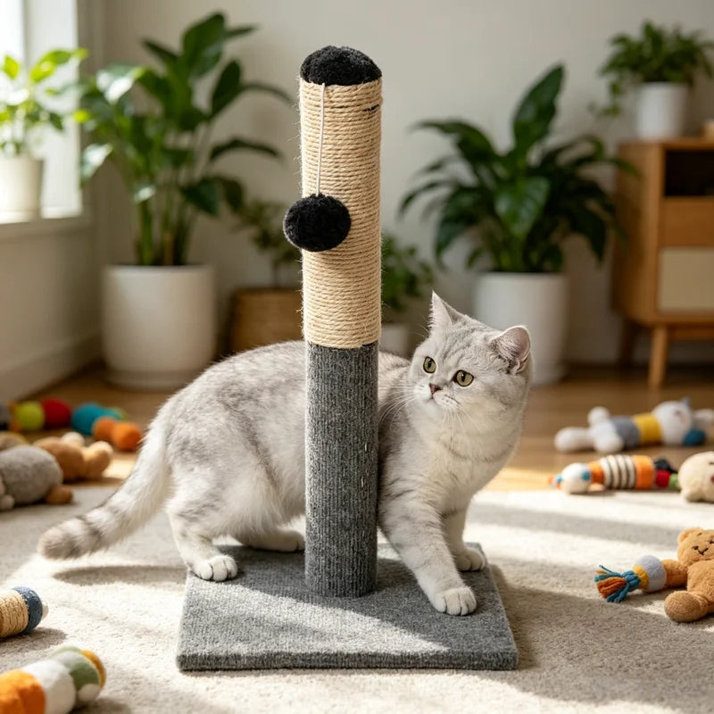 A gray cat sits in front of a cylindrical sisal scratching post with a fuzzy top and a gray base.