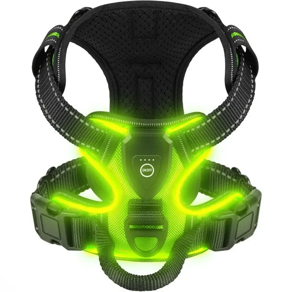 A black LED glowing dog harness designed for night walking.