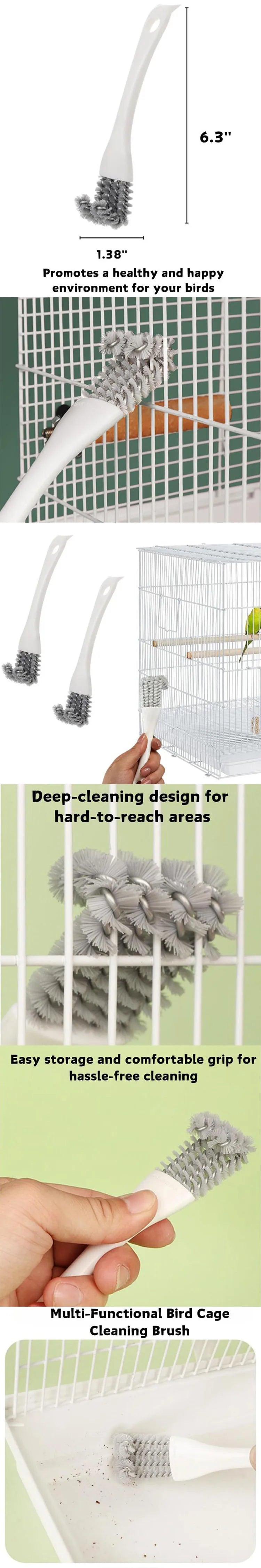 Cepillo de limpieza multifuncional para limpiar a fondo jaulas de pájaros y áreas de difícil acceso.