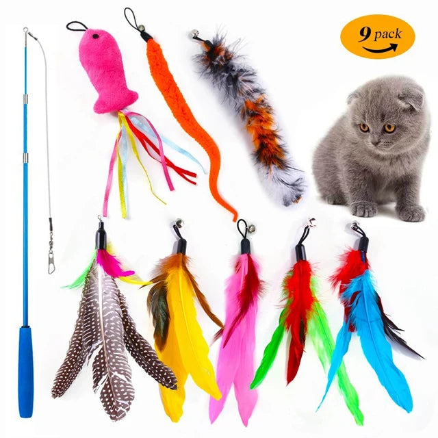 A variety pack of interactive cat toys featuring feathers and plush attachments in pink, orange, yellow, green, and blue colo