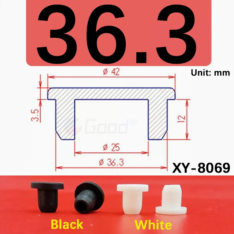 Black and white silicone rubber hole plugs shown next to a measurement diagram for XY-8069