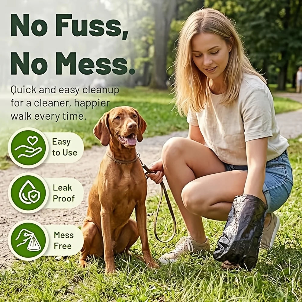 A woman is kneeling on grass with a dog and a package of dog waste bags for cleanup.