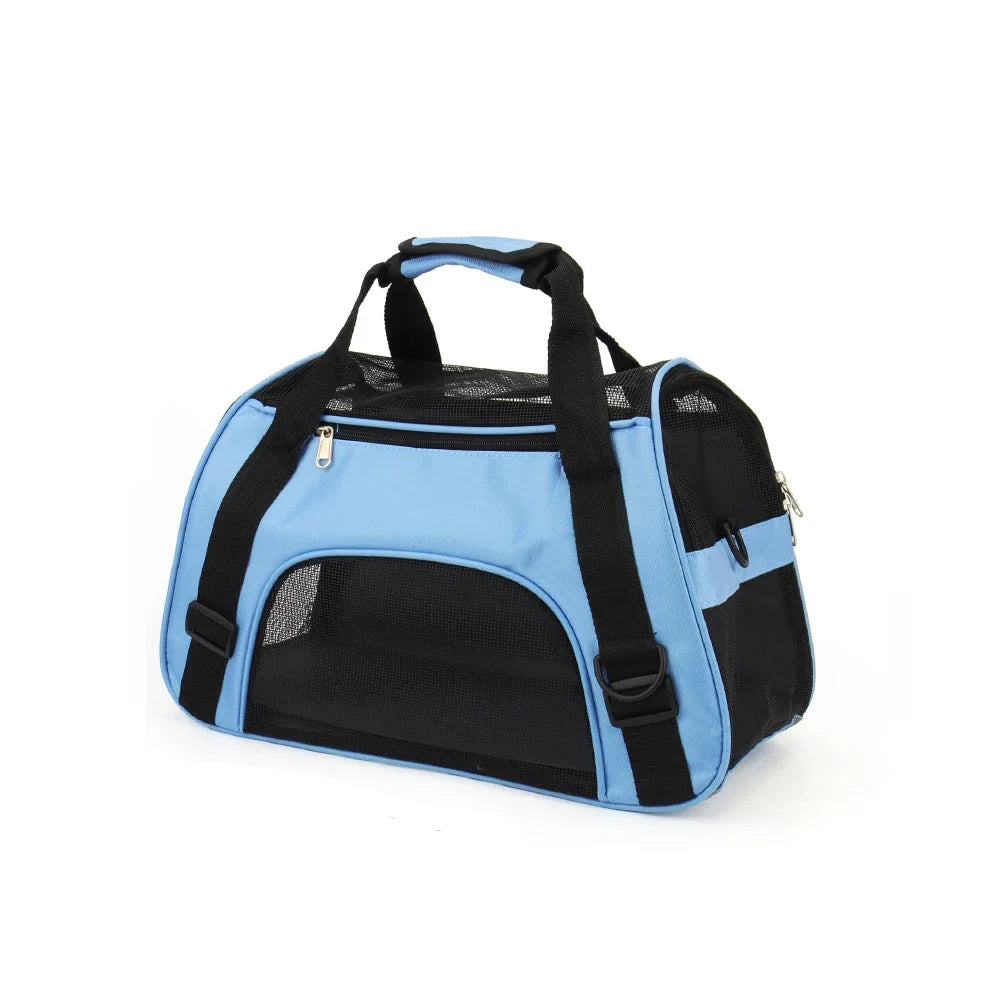 Light blue and black breathable mesh pet carrier bag for cats and small dogs