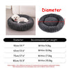 A gray plush round pet bed shown in use with a white dog, illustrating various diameters and recommended pet weights.