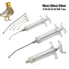 A set of stainless steel bird feeding syringes in various sizes 10ml, 20ml, and 50ml for small animals.