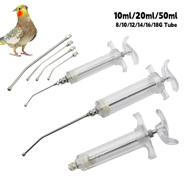 A set of stainless steel bird feeding syringes in various sizes 10ml, 20ml, and 50ml for small animals.