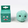 A teal cardboard box with a cat face design and a fluffy, light green cat toy.