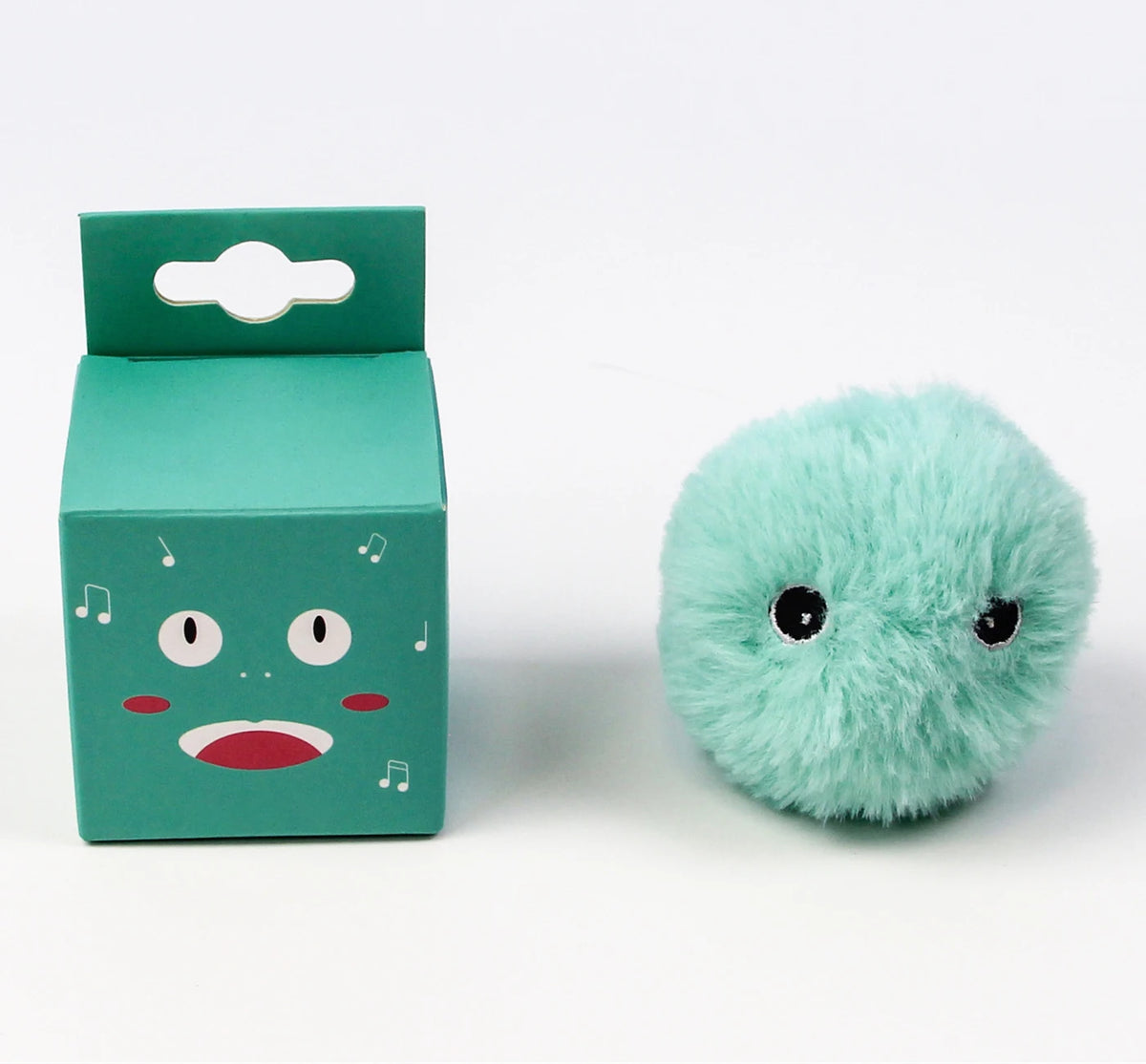 A teal cardboard box with a cat face design and a fluffy, light green cat toy.