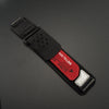 Black nylon sport band for a Huawei watch, featuring a red label and silver buckle.
