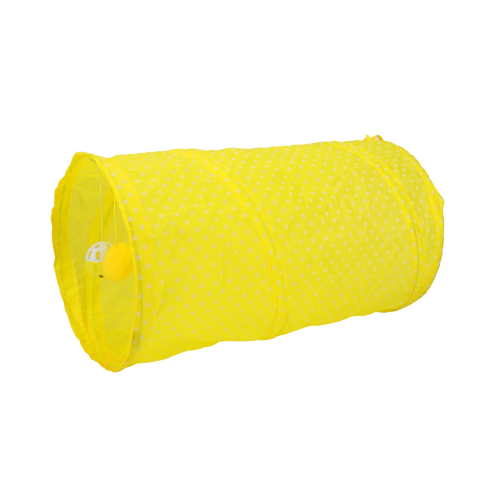 Yellow collapsible cat tunnel play tube with a ball inside