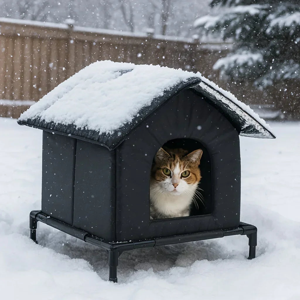 A black heated outdoor cat shelter with a snow-covered roof sits in the snow.