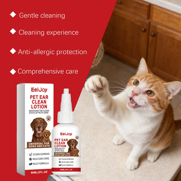 A small orange tabby cat is shown next to a bottle of EelJoy Pet Ear Clean Lotion for dogs and cats.
