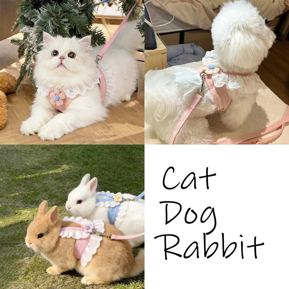 A set of elegant pink cat harnesses and leashes featuring fluffy white cats, a dog, and a rabbit.