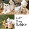A set of elegant pink cat harnesses and leashes featuring fluffy white cats, a dog, and a rabbit.