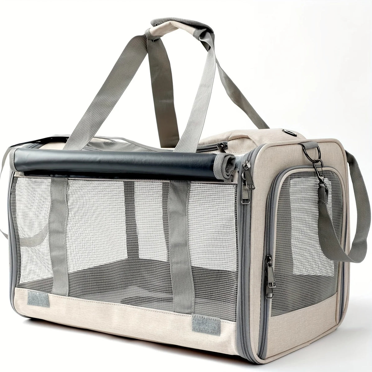 Helles beige weiches Transportgefäß für Katzen und Welpen mit grauem Stoffnetz und Gurten.