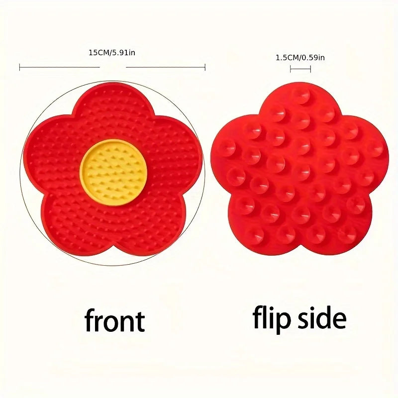 Red silicone lick mat for dogs and cats shown from the front and flip side views.