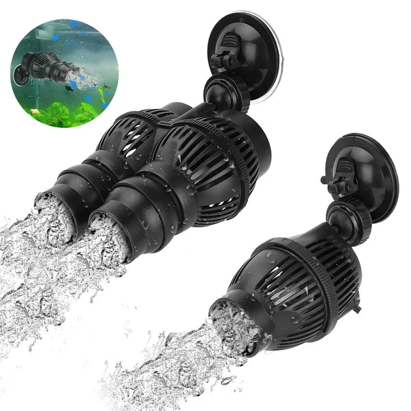 A black submersible water circulation pump is shown spraying water in a clear circle, demonstrating its function for aquarium