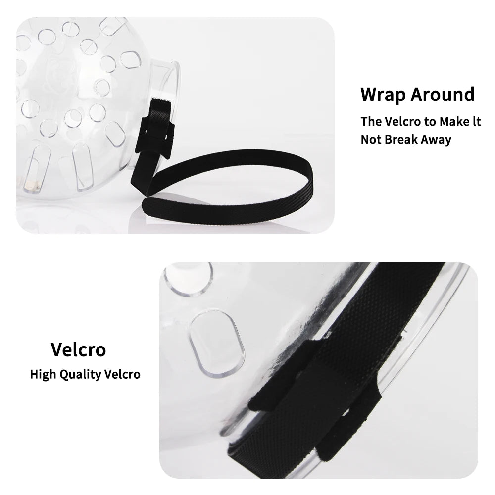 A black Velcro strap is shown being wrapped around a clear plastic cat muzzle hood for grooming or post-surgery protection.