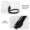 A black Velcro strap is shown being wrapped around a clear plastic cat muzzle hood for grooming or post-surgery protection.