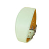 A light mint green wide leather dog collar with a tan leather strap and silver buckle.