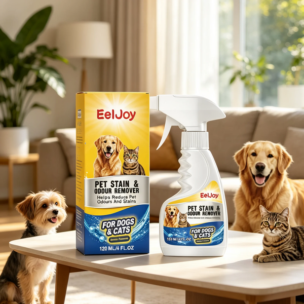 A bottle of EelJoy Pet Stain & Odor Remover spray sits on a table next to a golden retriever and a tabby cat.