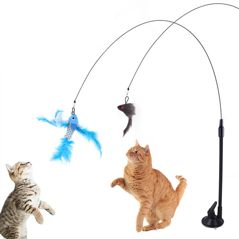 Interactive cat teaser wand featuring a feather bird and bell toy.