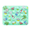 A light green pet cooling mat featuring various fruit and beverage-themed illustrations for dogs.