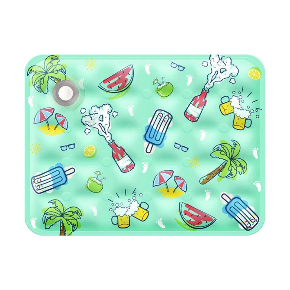 A light green pet cooling mat featuring various fruit and beverage-themed illustrations for dogs.