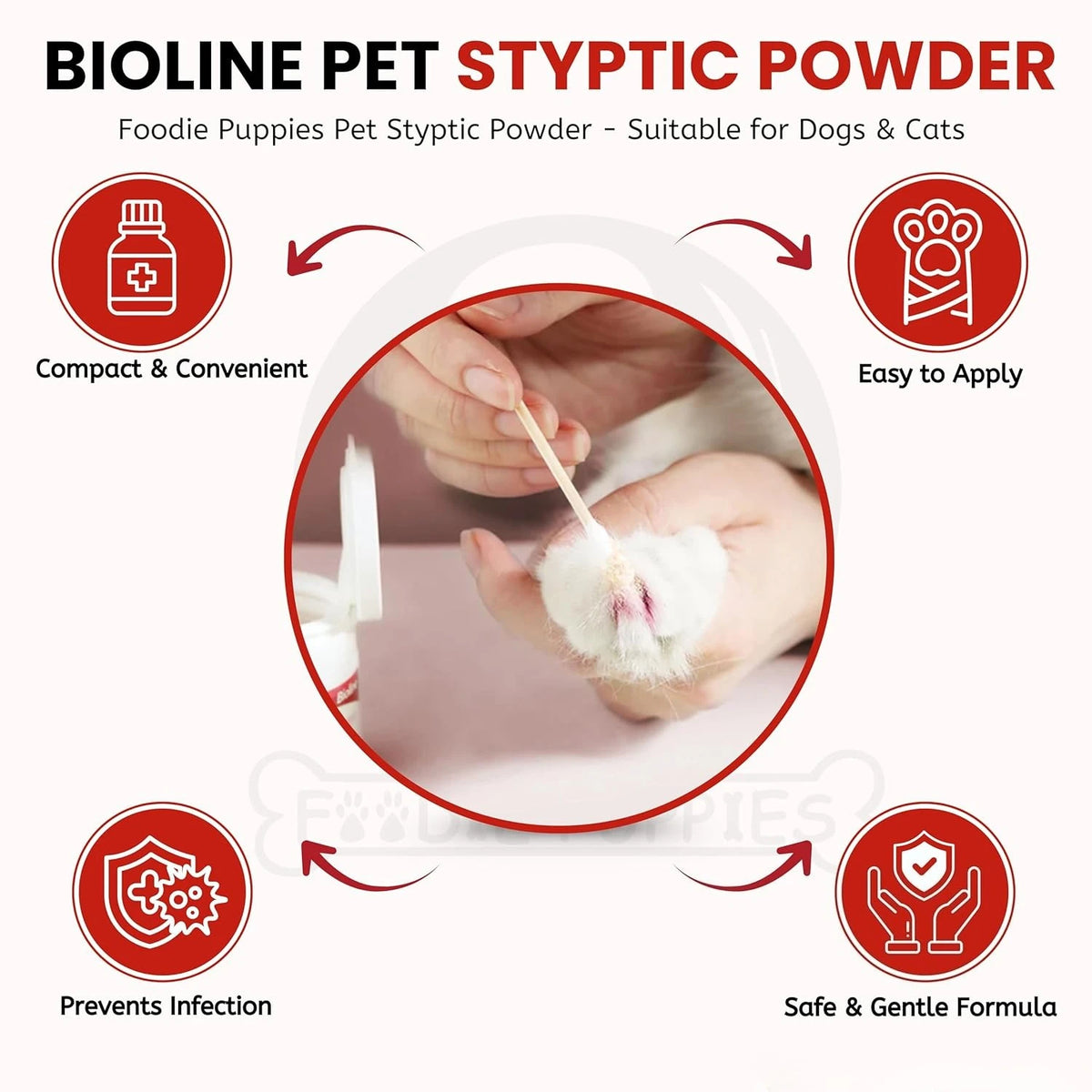Una mano aplica polvo styptico de Bioline Pet a una herida de mascota.