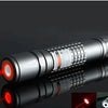 A silver laser pointer device is shown emitting a red beam, with reflections and a close-up view of the light.