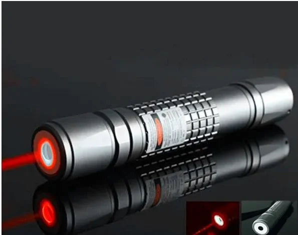 A silver laser pointer device is shown emitting a red beam, with reflections and a close-up view of the light.