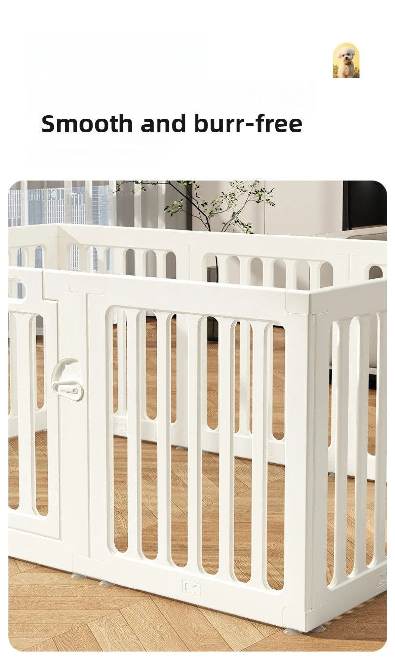 White heavy duty pet fence cage with vertical slats shown on a wooden floor.
