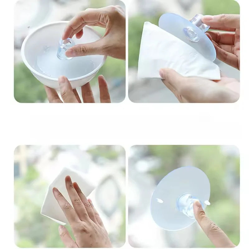 Hands are shown using a suction cup device to clean or apply something on a window surface.