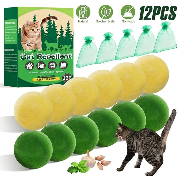 A set of 12 natural cat repellent balls in various shades of green and yellow, shown next to a tabby cat.