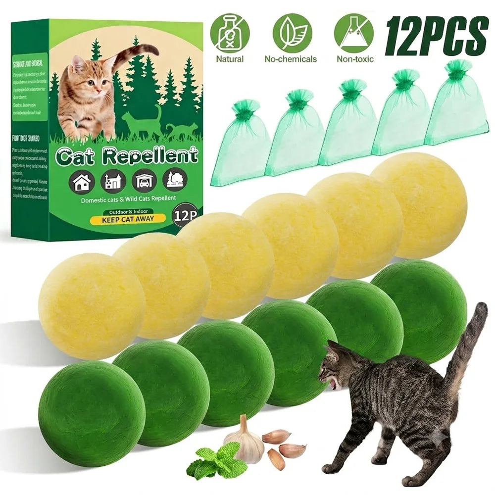 A set of 12 natural cat repellent balls in various shades of green and yellow, shown next to a tabby cat.