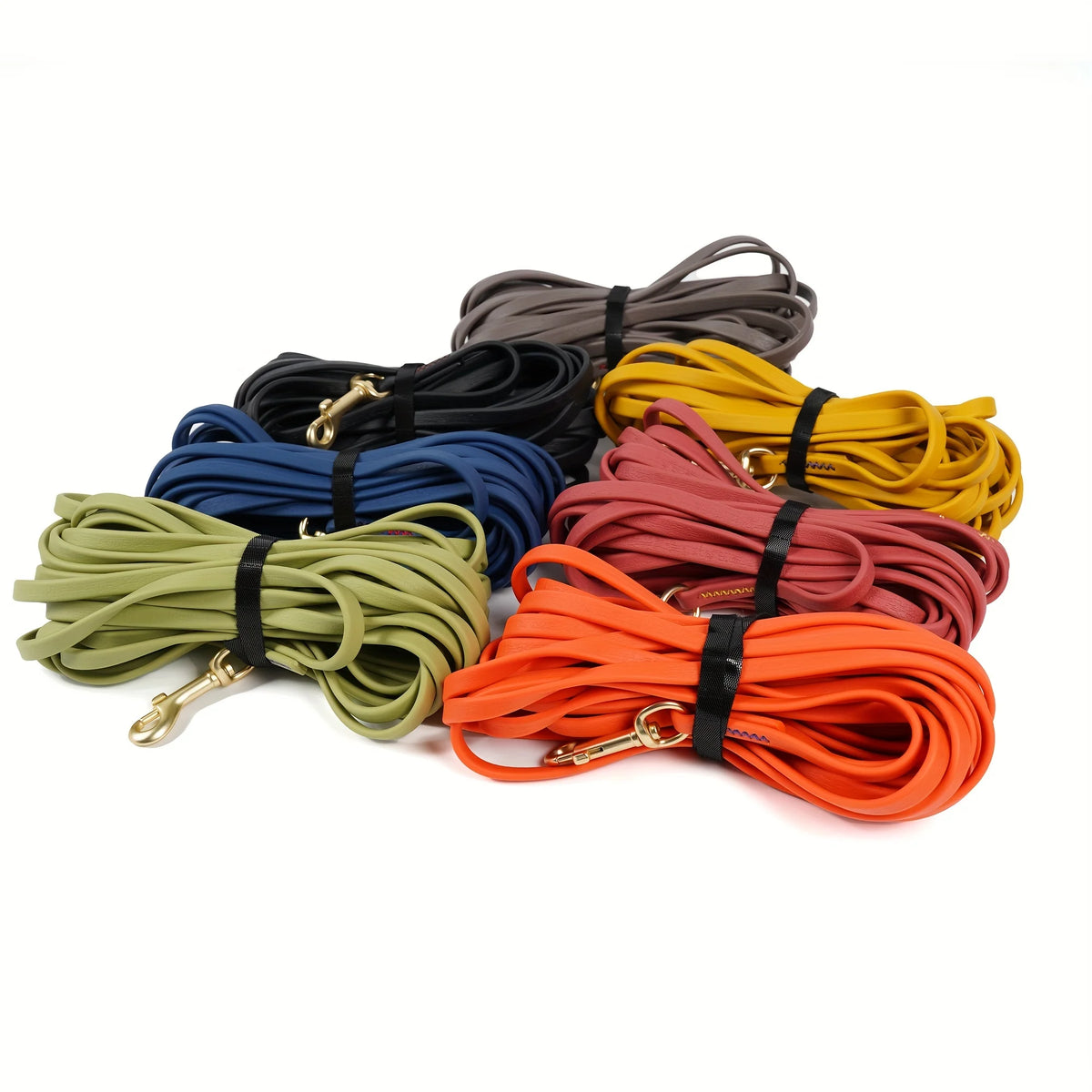 A collection of heavy-duty waterproof dog leashes in various colors including black, blue, green, yellow, and orange.