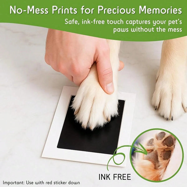 A hand gently places a paw print onto a white card, demonstrating an ink-free pet memory printing product.