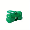 A bright green bone-shaped pet poop bags dispenser with a hinged opening.