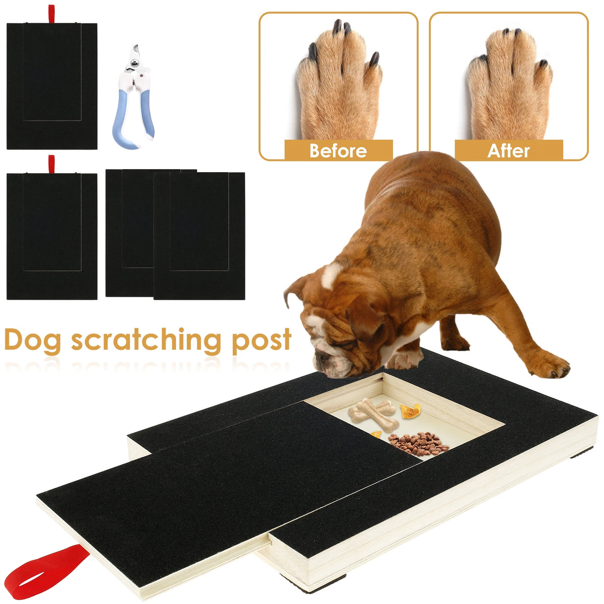 Holzige Hundekratzpfanne mit Nagelfach und integrierter Leckerlibox für Hunde.