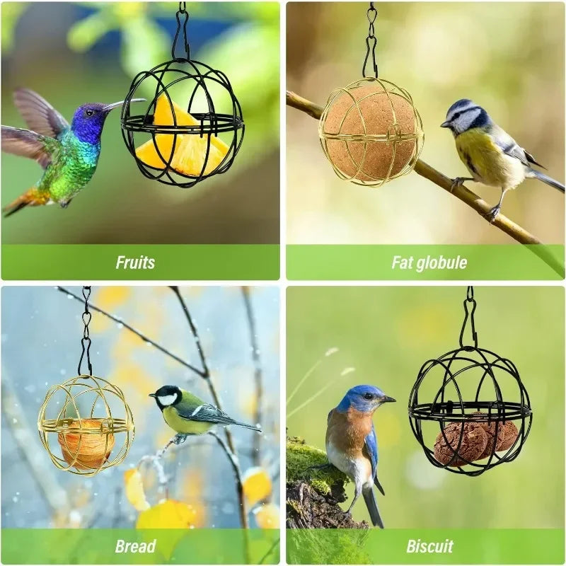 A collection of decorative hanging metal bird feeders showing fruits, a fat globe, bread, and biscuit with birds.
