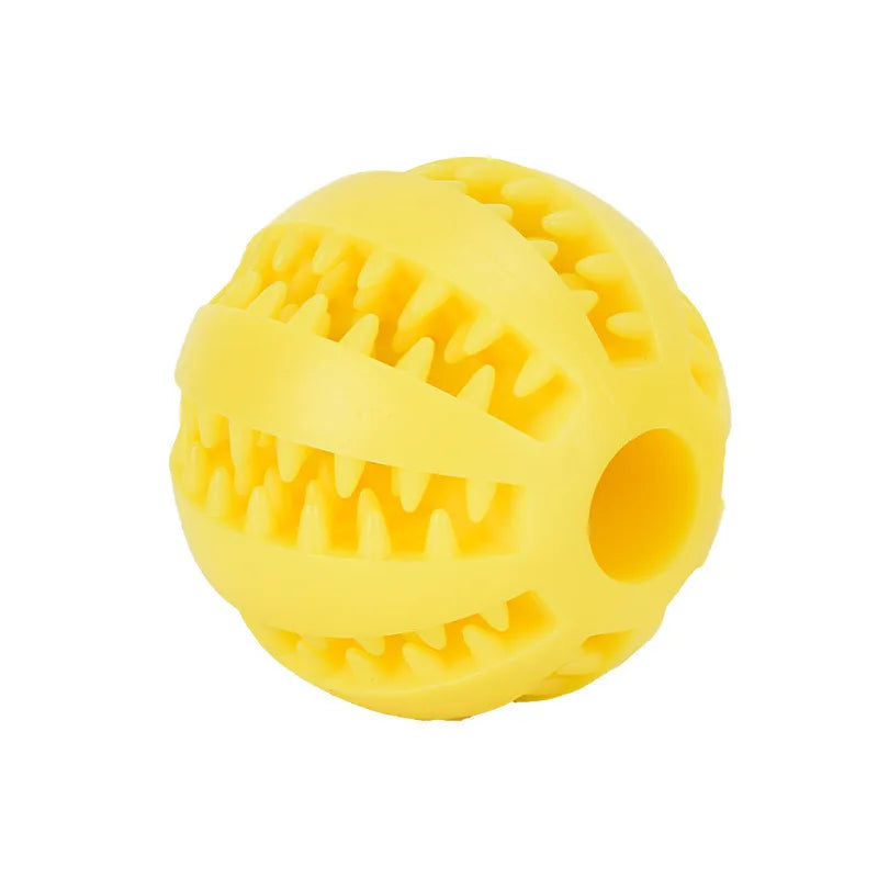 Yellow interactive treat-dispensing rubber ball for dogs